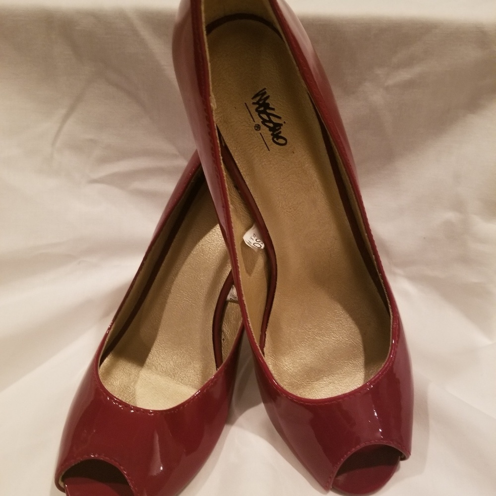Deep Red Peep Toe Patent Leather Pumps